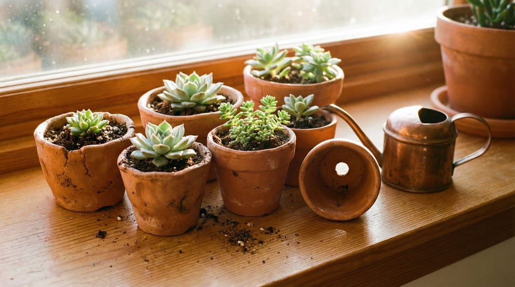 A cluster of small terracotta plant pots on a sunny windowsill
