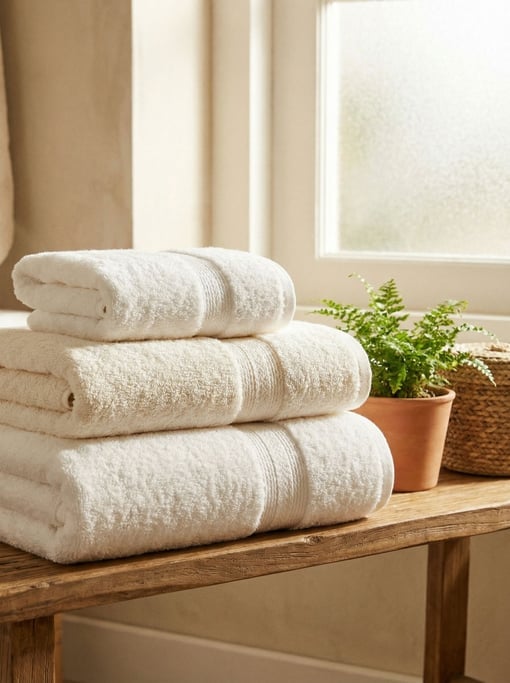 A stack of fluffy cotton bath towels on a wooden bathroom shelf