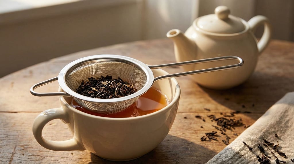 A stainless steel mesh tea strainer resting across the rim of a ceramic teacup