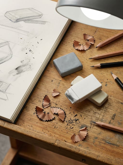 A set of artist's erasers on a drawing desk beside a sketchbook with pencil marks