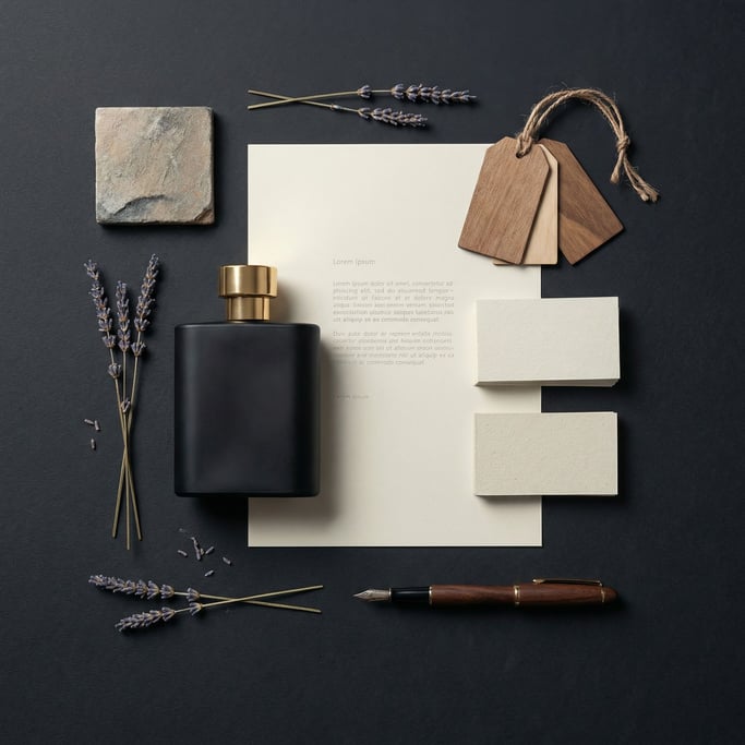 A flat-lay brand identity mockup on dark charcoal background