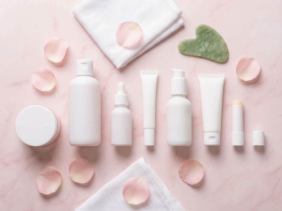Seven matte white skincare products arranged left-to-right in order of application on pale pink marble: the morning routine as a visual sequence
