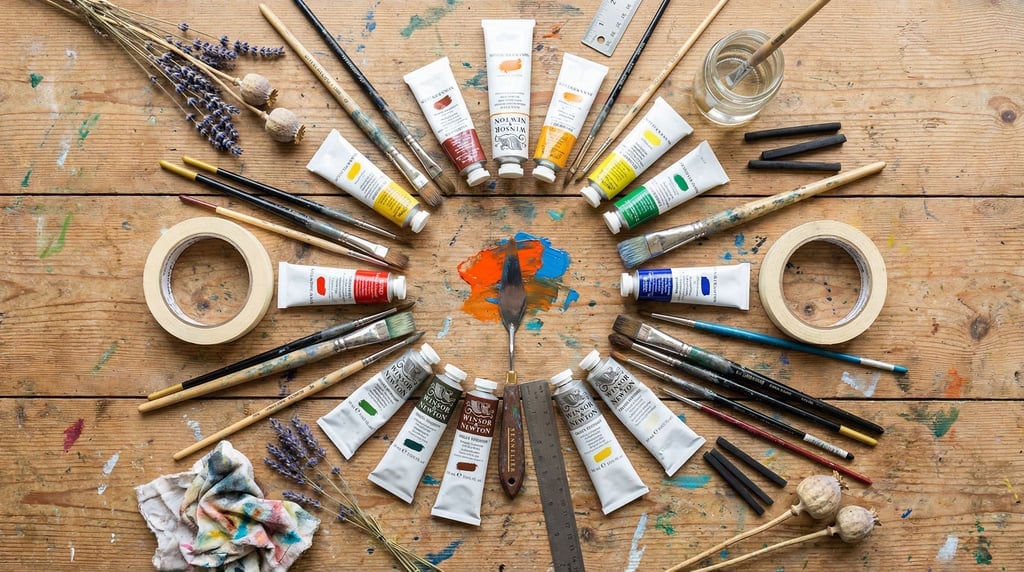 Radiating outward from a central palette knife: tubes of oil paint