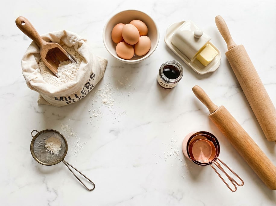 Overhead arrangement of baking ingredients on a white marble countertop