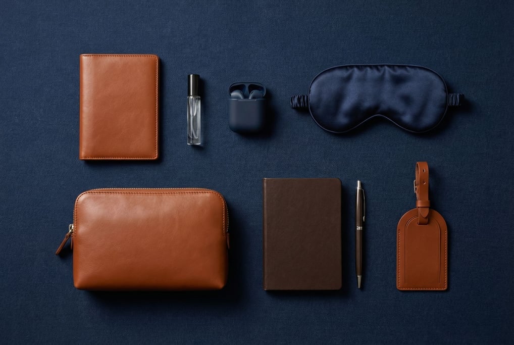Dark navy canvas sets the stage for travel essentials: leather passport cover
