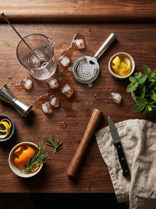 Scattered ice cubes melt slightly among cocktail making tools on a dark walnut bar surface: mixing glass