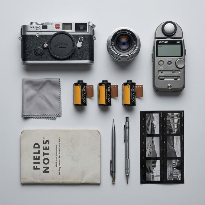 Overhead arrangement of a photographer's pocket contents on a light grey seamless background