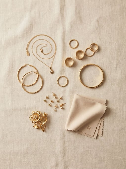 Overhead arrangement of jewelry pieces on a pale linen surface