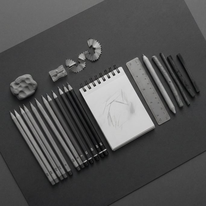 Diagonal arrangement on dark grey art paper: graphite pencils in graduated hardnesses from 6H to 6B
