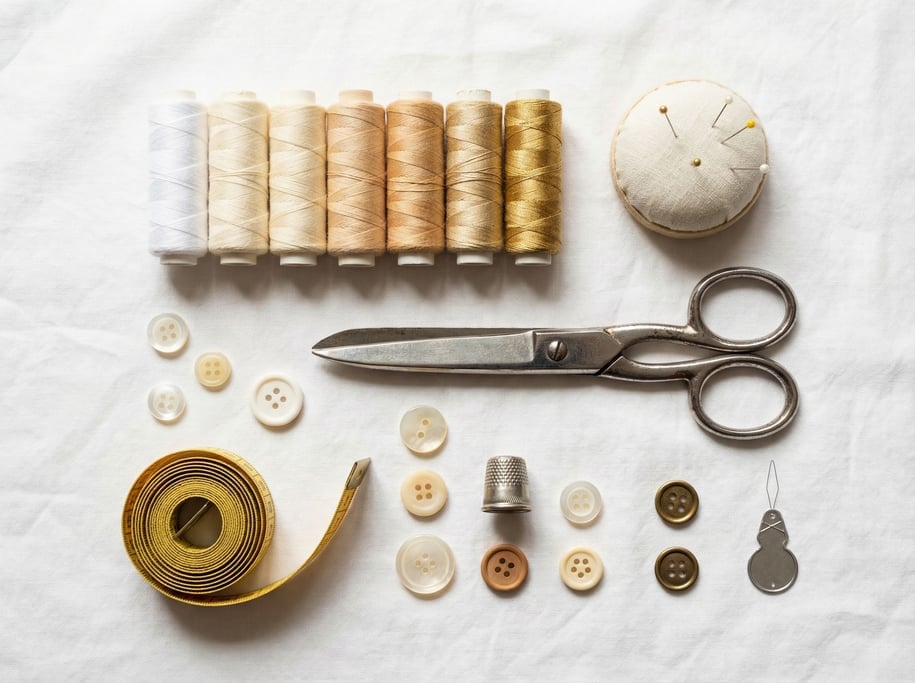 Overhead knolling of sewing notions on a white cotton fabric background