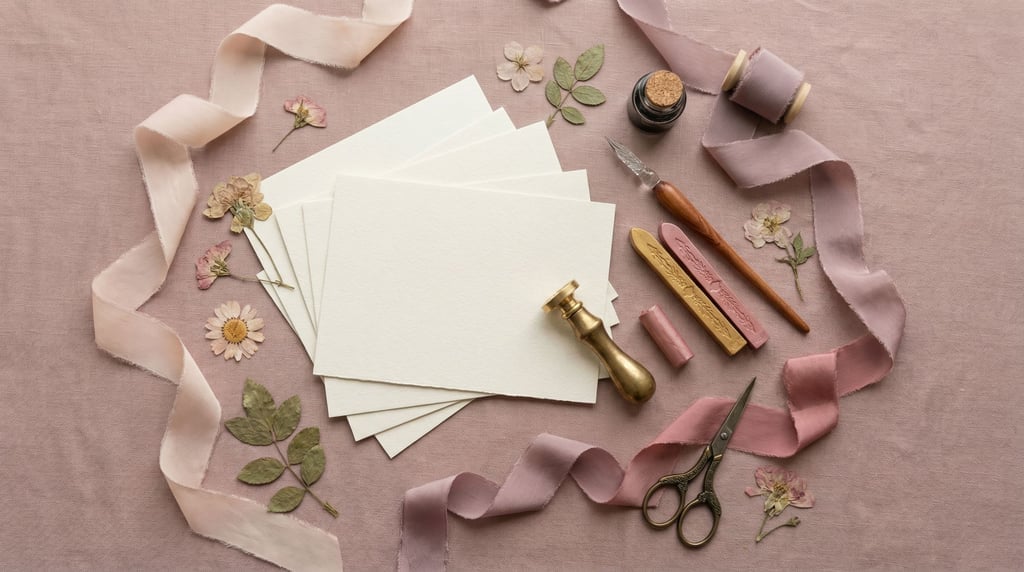 Overhead arrangement of a stationery collection on a dusty rose surface