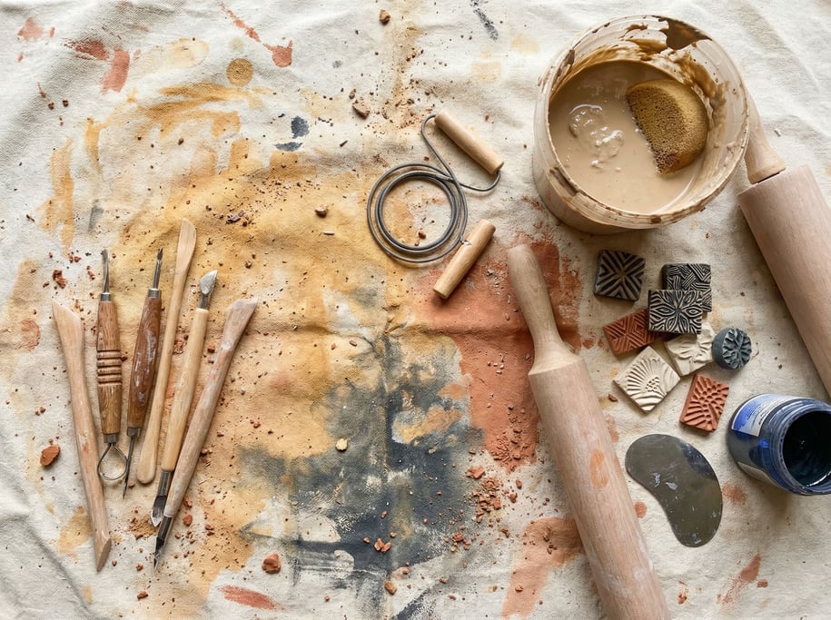 Canvas drop cloth stained with clay slip becomes the backdrop for pottery tools: a wire clay cutter