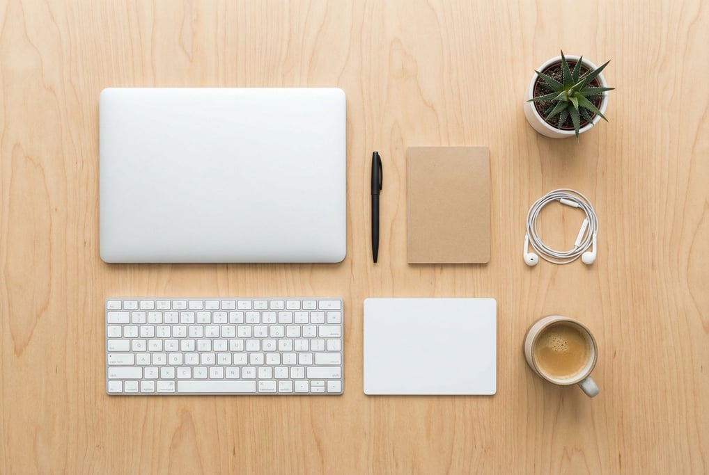 Overhead knolling of a minimalist desk setup on a warm birch plywood surface