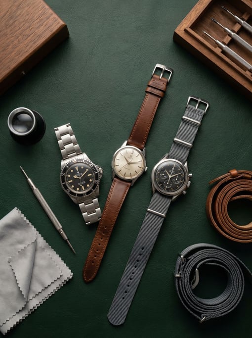 Overhead arrangement of a watch collector's desk on dark green leather