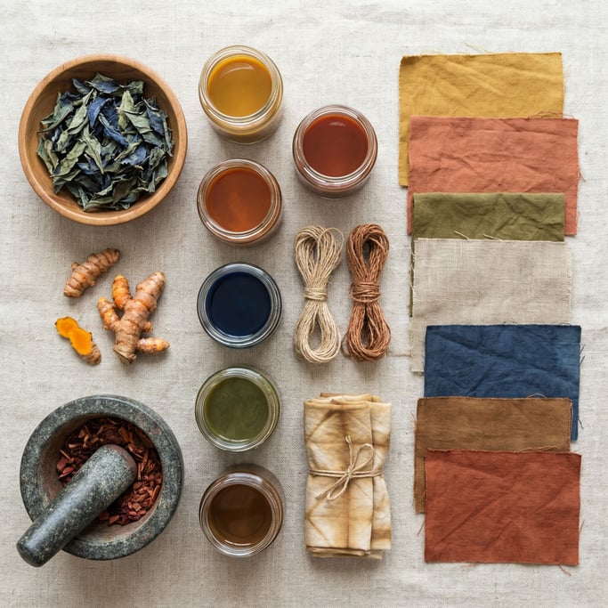 Small glass jars of plant dye extracts in earth tones