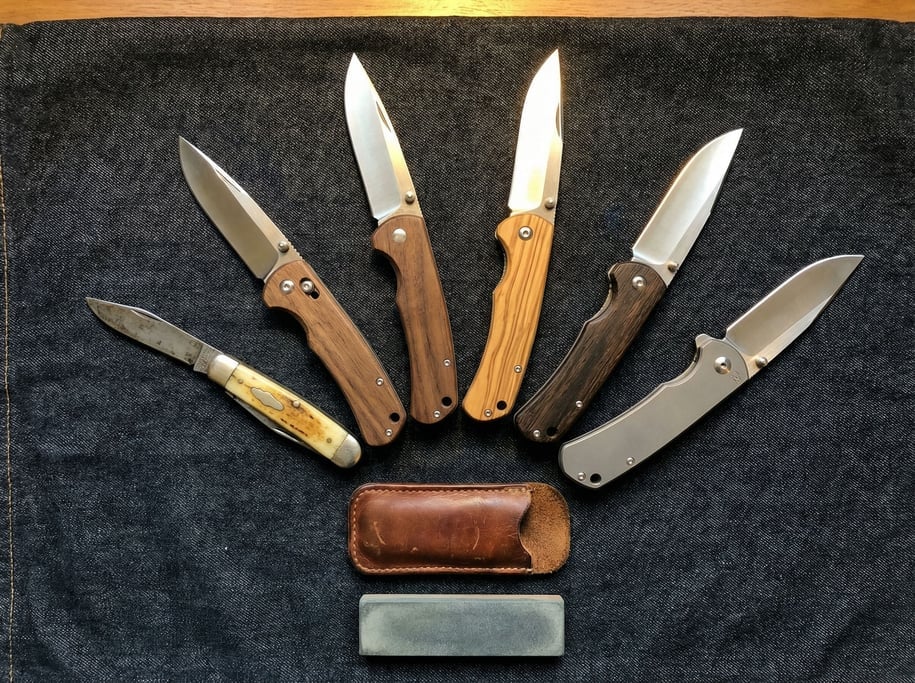 Overhead knolling of a pocket knife collection on a dark denim fabric background