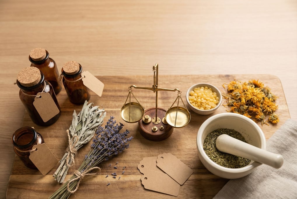 A raw wood cutting board organizes an herbalist's preparation: small amber jars