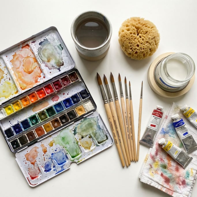Flat-lay arrangement of a complete watercolor painting kit on a white surface
