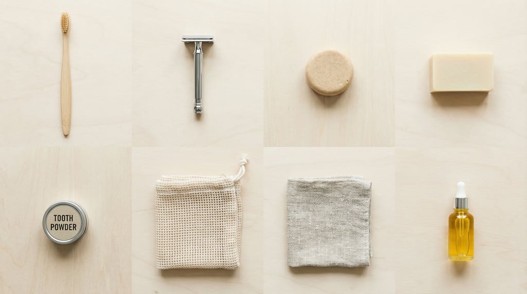 Grid layout with generous spacing on pale wood: bamboo toothbrush