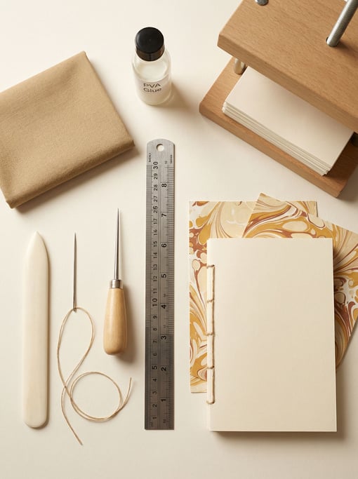 Flat-lay of a bookbinder's tools on a bone-white paper background