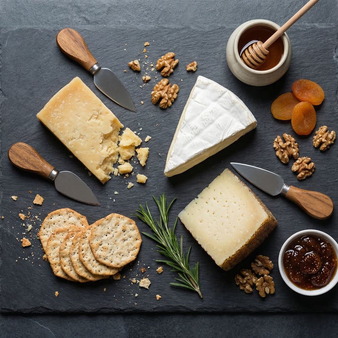 Three cheese wedges in varying textures occupy a dark slate surface alongside wooden-handled knives