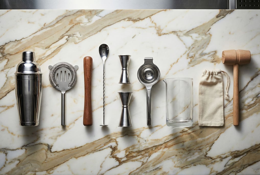 Polished metal against warm marble veining: a cocktail shaker