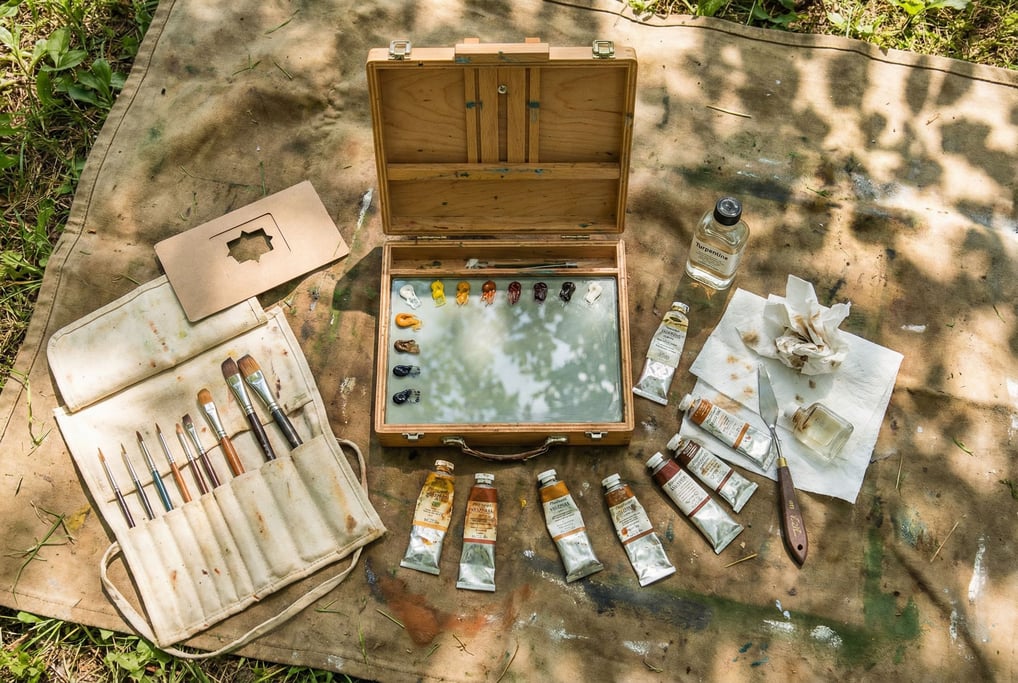 Flat-lay arrangement of a plein air painting kit on a grass-stained canvas dropcloth