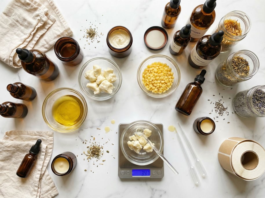 White marble hosts a natural skincare making kit: amber bottles for finished products