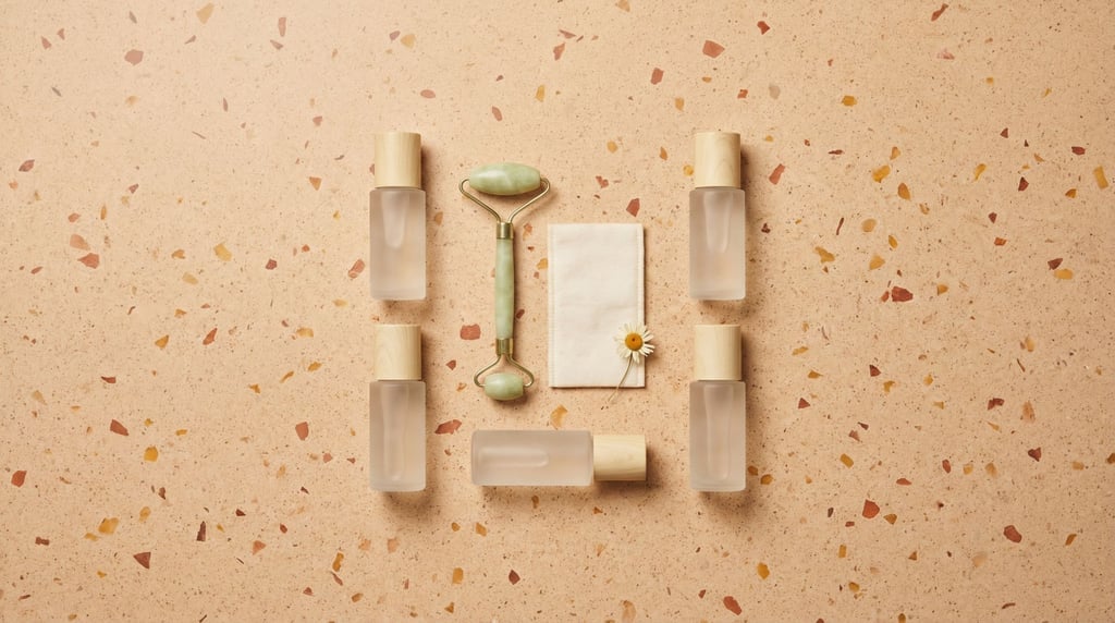 Just four frosted glass bottles with wooden caps in a perfect square with equal spacing on warm terrazzo — the most minimal skincare routine possible