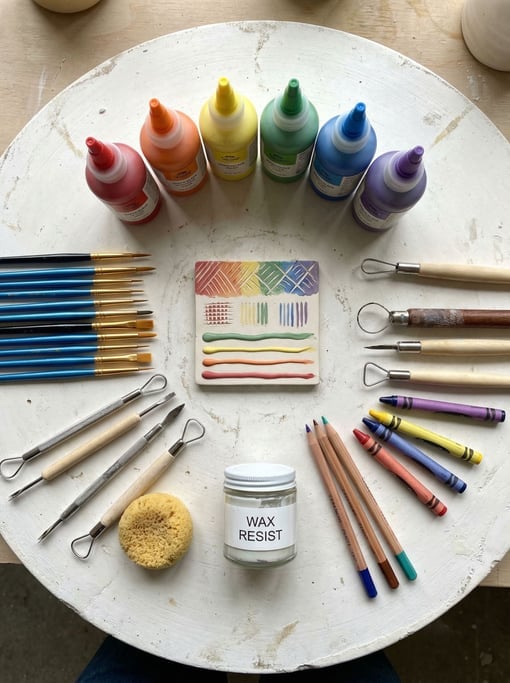 Flat-lay arrangement of a ceramicist's decorating tools on a plaster bat