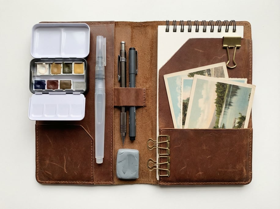 Flat-lay of a travel sketching kit on a leather journal cover