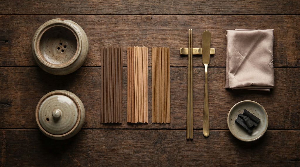 Flat-lay arrangement of a Japanese incense ceremony set on a dark wood surface