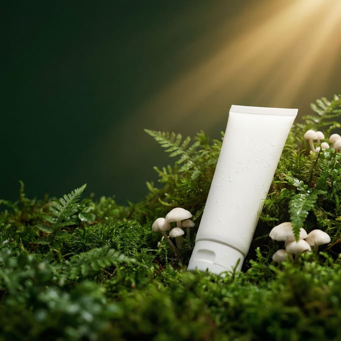 A skincare tube nestled in a bed of deep green living moss