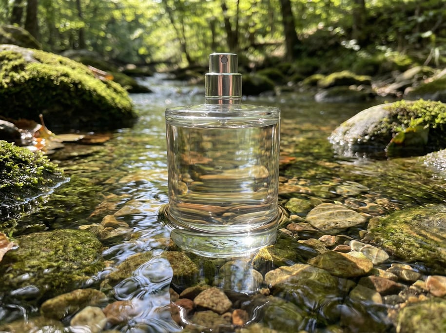 Half submerged in a shallow forest stream