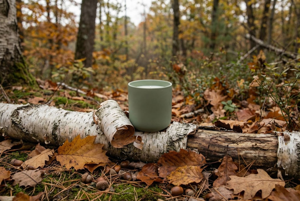 A ceramic candle vessel placed on a fallen birch log in an autumn forest floor setting