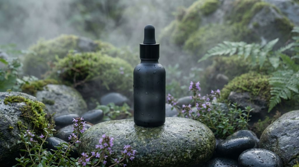 Morning mist creates soft atmospheric haze around a matte black glass bottle of facial oil resting on a large flat river stone