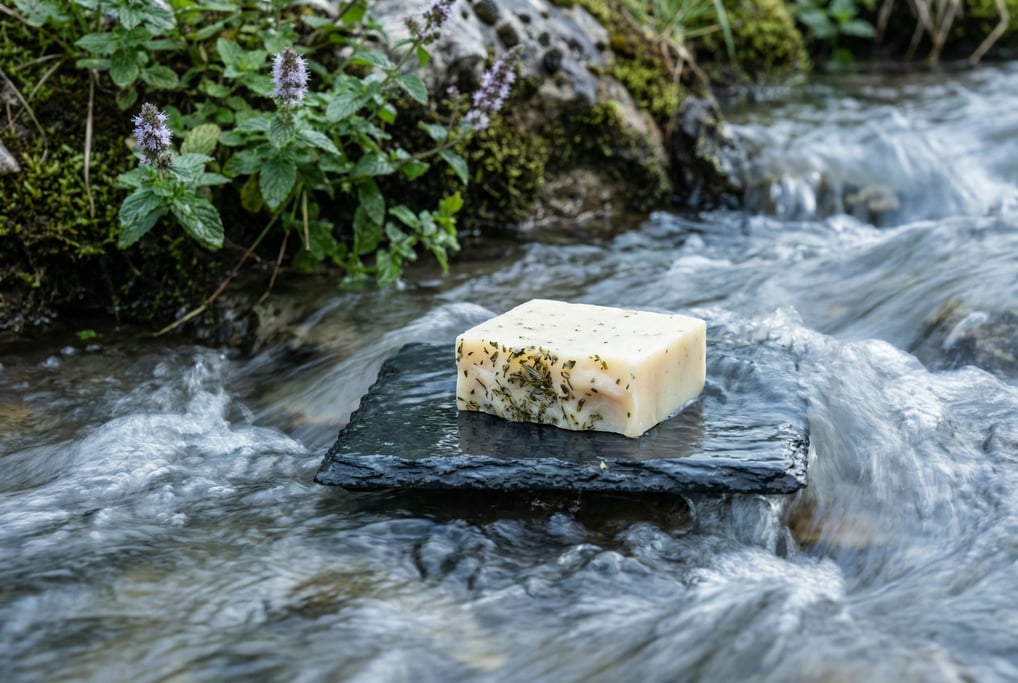 Mountain stream water flows around a piece of slate where a cream-colored soap bar rests