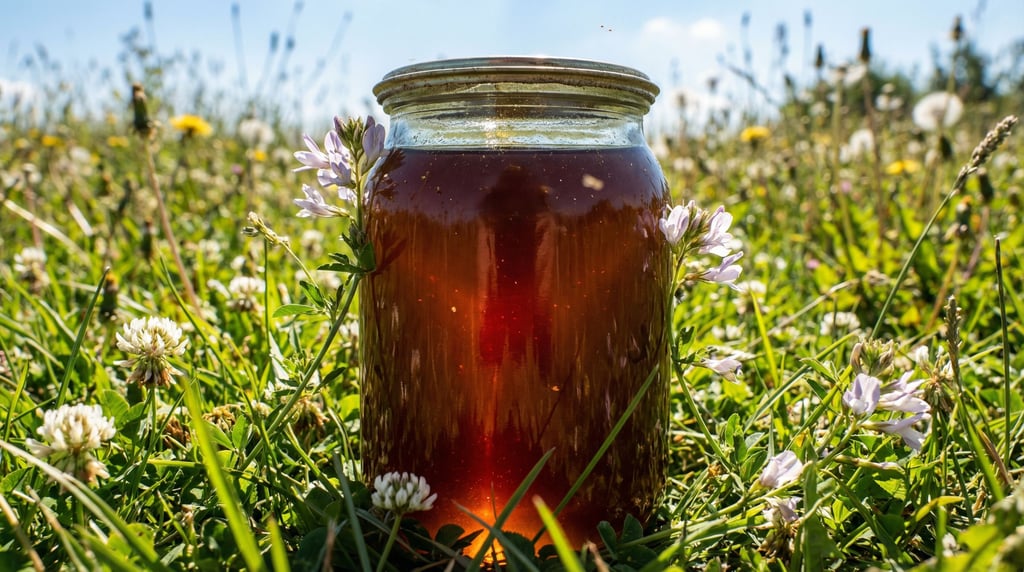 A glass jar of honey placed in a flowering meadow