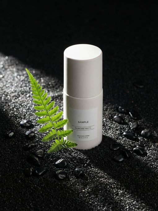 Stark contrast: matte white ceramic bottle against fine black volcanic sand