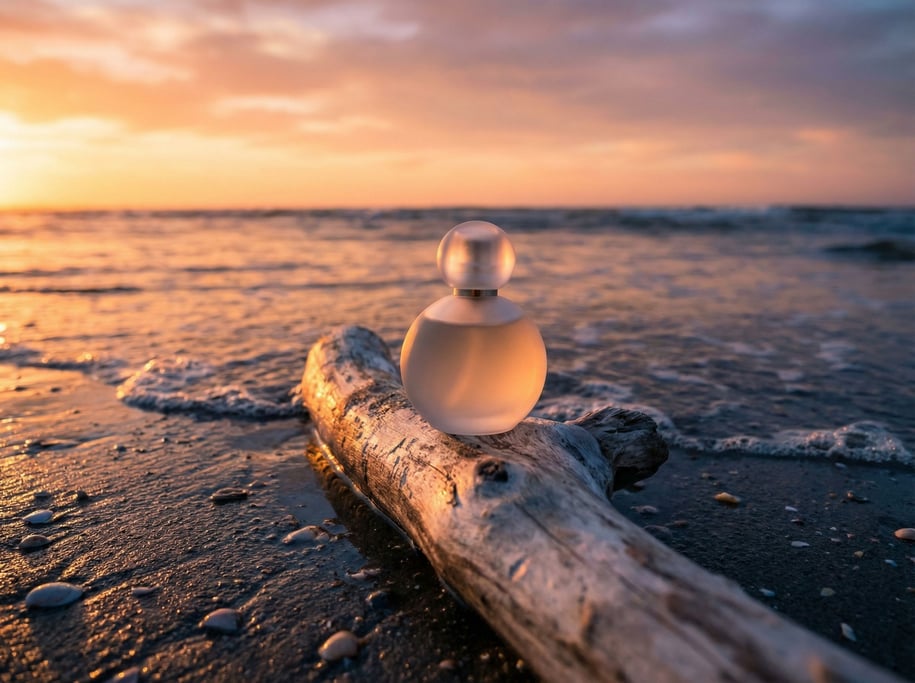 Golden sunset light catches a frosted glass perfume bottle standing on driftwood at the waterline