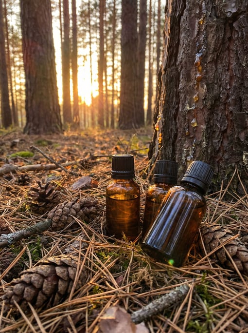A set of three small essential oil bottles nestled among pine cones and dried pine needles on a forest floor