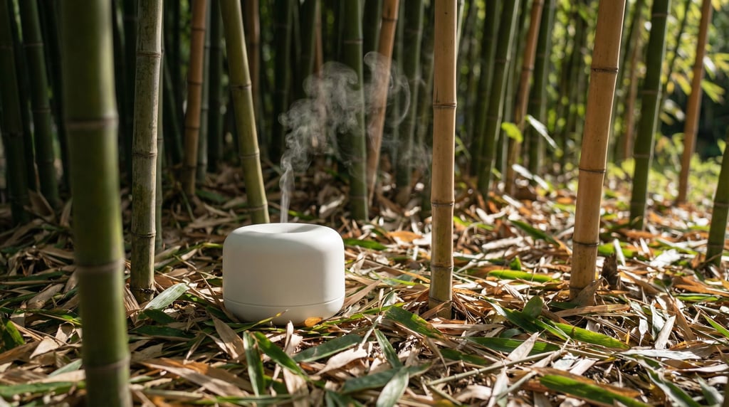 A ceramic oil diffuser placed at the base of a bamboo grove