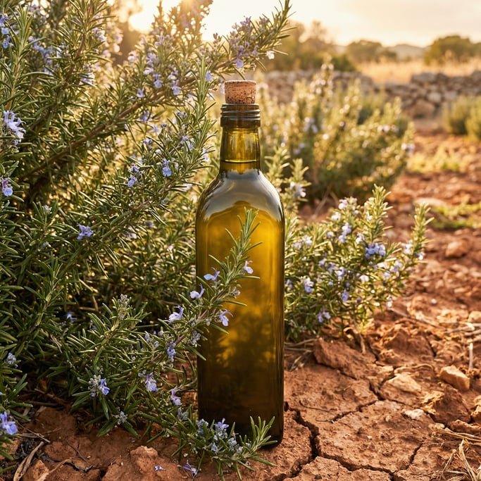 A glass bottle of olive oil standing in a Mediterranean herb garden among rosemary bushes