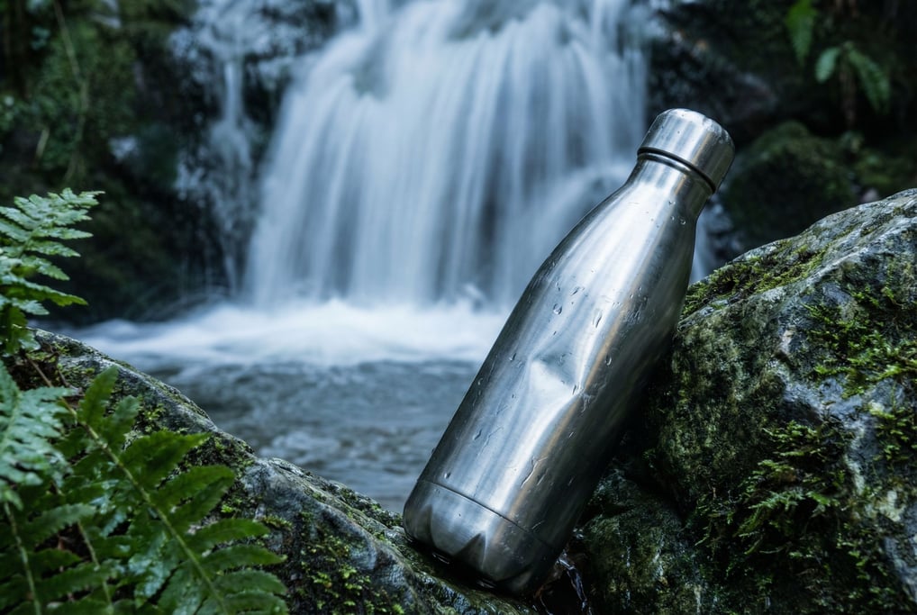 A stainless steel water bottle wedged between rocks at the base of a small waterfall