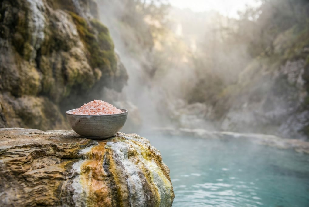Steam rises from thermal water below as a ceramic bowl of pink Himalayan bath salts perches on a ledge of layered sedimentary rock at a mineral hot spring