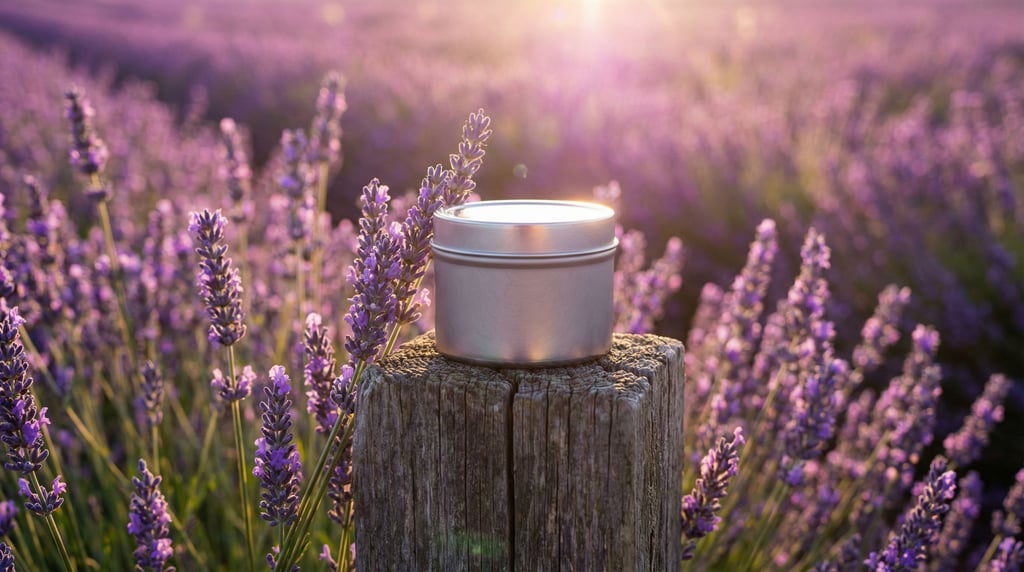 A tin of solid cologne on a weathered wooden fence post in a lavender field