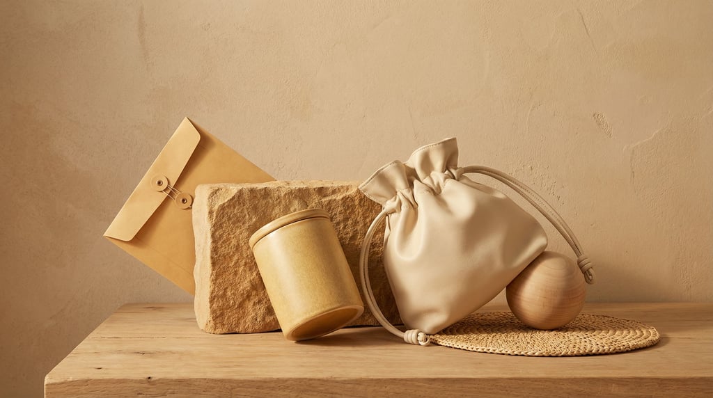 Seen from slightly above: a straw-colored jar rests against a sandstone block while a cream leather pouch leans into a natural wood sphere