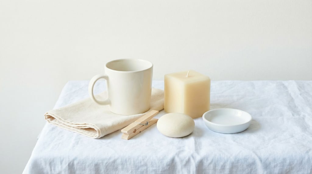 The narrowest possible palette: ivory mug, cream beeswax candle, natural cotton napkin