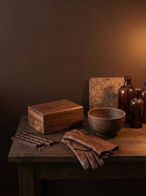 Dark chocolate bar, walnut wood box, brown leather glove with visible grain