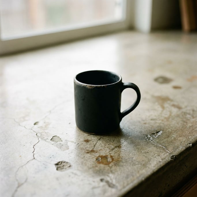 A black matte ceramic mug on a polished concrete counter, morning light, no steam (b4z30fij)